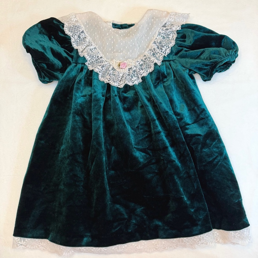 Vintage Velvet‎ Dress Girls Size 5 Green Bonnie Jean Lace Trim Festive Holiday